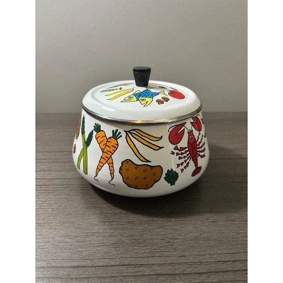 VTG MCM San Ignacio Enamelware Fondue Pot Colorful Seafood & Vegetable Motif - Picture 2 of 8